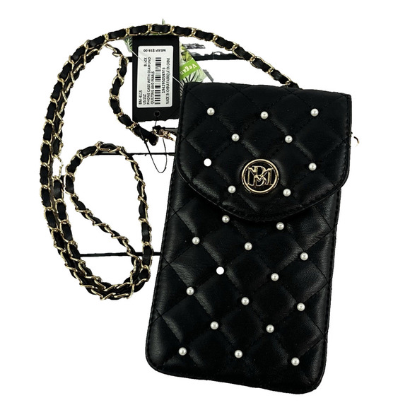 Badgley Mischka Studio Phone Case Cross Body Black Quilting w/ Pearls Gold Chain - Picture 1 of 13